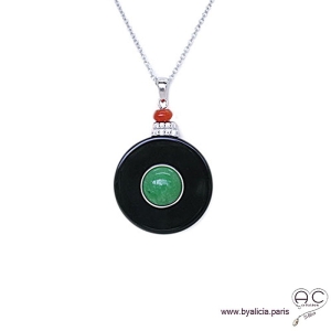 Collier pendentif rond inspiration Art Déco en onyx noir et jade, argent massif 925 serti de zircon et corail, femme