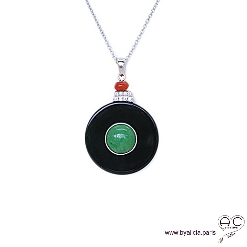 Collier pendentif rond inspiration Art Déco en onyx noir et jade, argent massif 925 serti de zircon et corail, femme