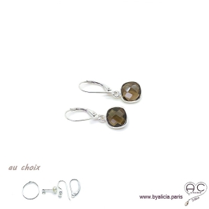 Boucles d'oreilles quartz fumé et argent massif 925, pierre naturelle, pendantes, création by Alicia