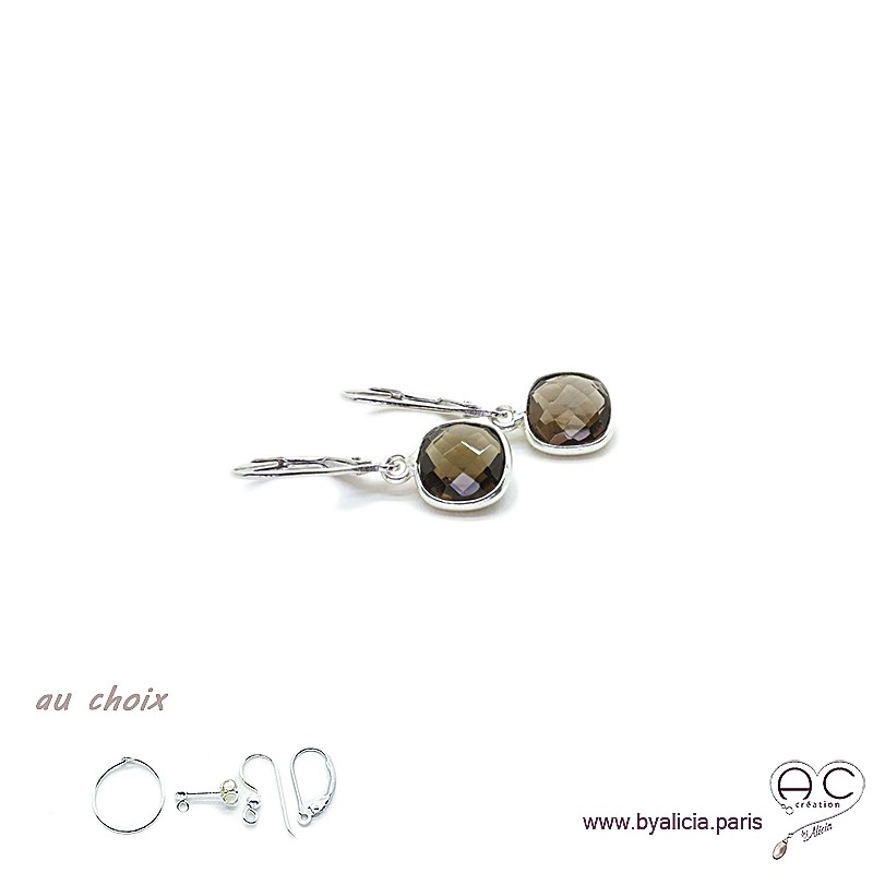 Boucles d'oreilles quartz fumé et argent massif 925, pierre naturelle, pendantes, création by Alicia