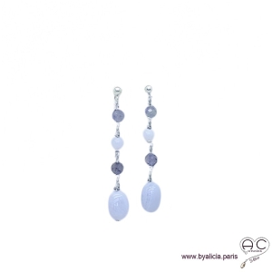 Boucles d'oreilles calcédoine bleue et saphir d'eau, cascade de pierres fines, argent massif, pendantes, création by Alicia