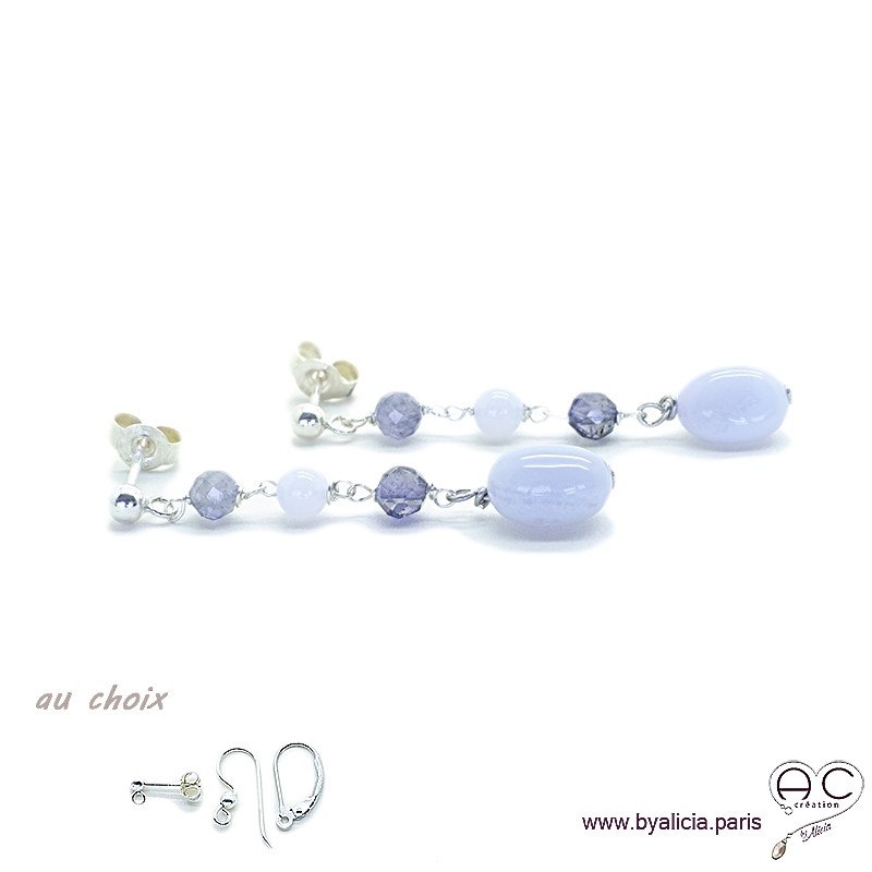 Boucles d'oreilles calcédoine bleue et saphir d'eau, cascade de pierres fines, argent massif, pendantes, création by Alicia