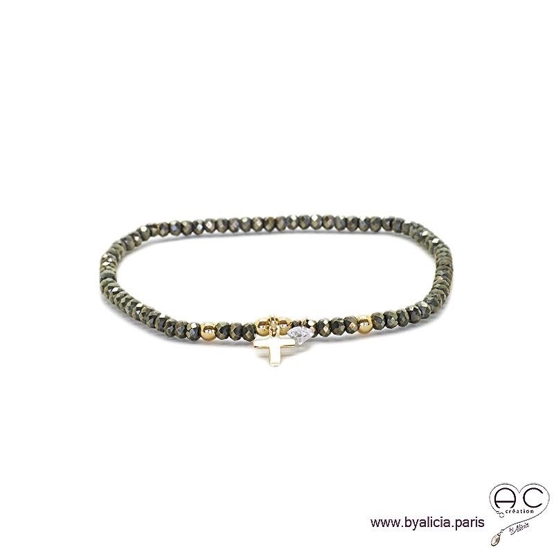 Bracelet pyrite, pierre naturelle, pampille croix en plaqué or et petit brillant en cristal, bohème, création by Alicia