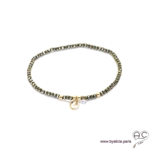 Bracelet pyrite, pierre naturelle, pampille médaille en plaqué or et petit brillant en cristal, bohème, création by Alicia
