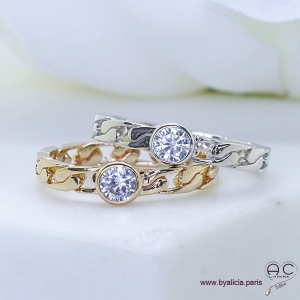 Bague solitaire, zirconium brillant sur anneau motif chaîne en argent massif rhodié, femme, intemporelle