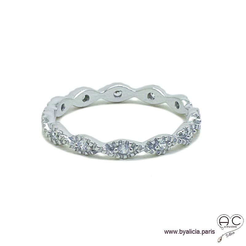 Bague anneau fin vagues sertie de zirconium brillant tour complet en argent 925 rhodié, alliance, empilable, femme
