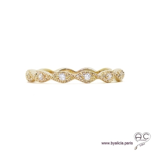 Bague anneau fin vagues sertie de zirconium brillant tour complet en plaqué or, alliance, empilable, femme
