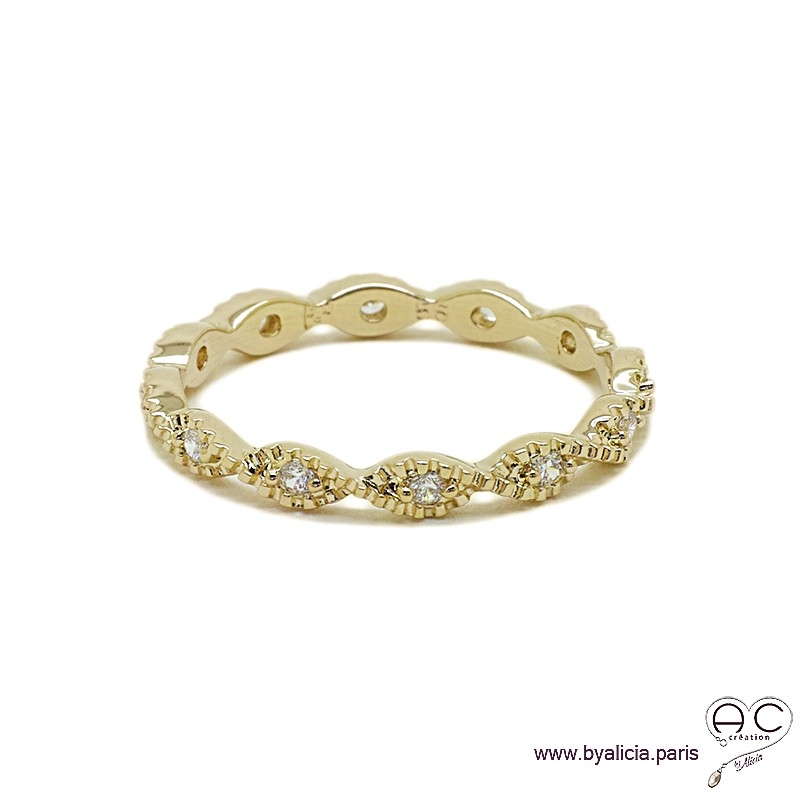 Bague anneau fin vagues sertie de zirconium brillant tour complet en plaqué or, alliance, empilable, femme