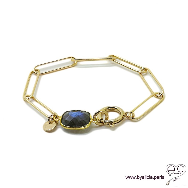 Bracelet CARRY-LABRADORITE chaîne gros maillons rectangulaires avec grand fermoir rond, plaqué or, tendance, création by Alicia