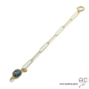 Bracelet CARRY-LABRADORITE chaîne gros maillons rectangulaires avec grand fermoir rond, plaqué or, tendance, création by Alicia