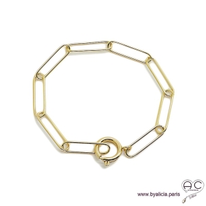 Bracelet CARRY chaîne gros maillons rectangulaires avec grand fermoir rond, plaqué or, tendance, création by Alicia