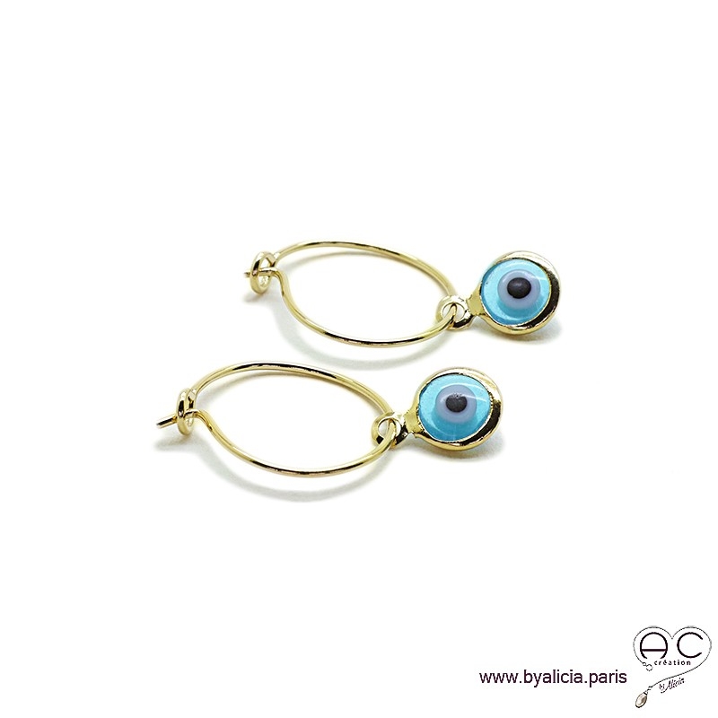Mini Créoles oeil bleu plaqué or, Boucles d'oreilles protection