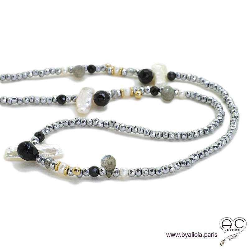 Sautoir perles baroques, méli-mélo de pierres naturelles noir, gris et hématite argenté, création by Alicia 