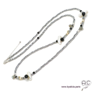 Sautoir perles baroques, méli-mélo de pierres naturelles noir, gris et hématite argenté, création by Alicia 