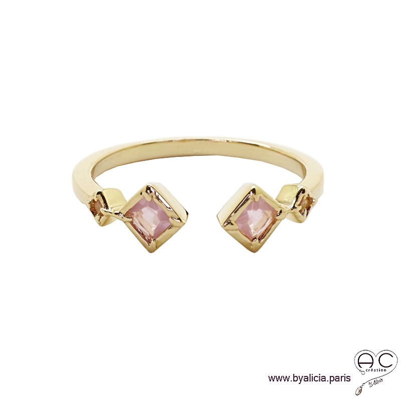 Bague anneau fin ouvert avec  pierres roses, plaqué or 3MIC et zirconium rose, empilable, femme