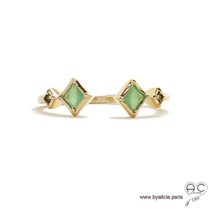 Bague anneau fin ouvert avec pierres vertes, plaqué or 3MIC et zirconium vert clair, empilable, femme