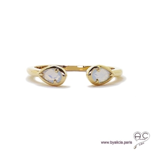 Bague fine, pierres blanches irisées, anneau ouvert en plaqué or 3MIC, zirconium goutte moon stone, empilable, femme