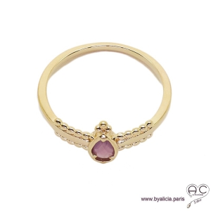 Bague fine sertie d'une pierre violette, goutte entourée de perles en plaqué or 3MIC, zirconium, empilable, femme