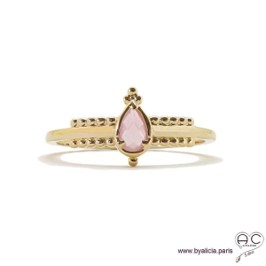 Bague fine sertie d'une pierre rose, goutte entourée de perles en plaqué or 3MIC, zirconium, empilable, femme
