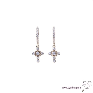 Petites créoles avec croix serti de zirconium, boucles d'oreilles en argent 925 rhodié, tendance