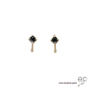 Petites créoles avec agate noire en plaqué or 3MIC, boucles d'oreilles, pierre semi-précieuse, tendance