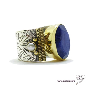 Bague avec indien bleu saphir et perles, anneau en argent massif rhodié, ciselé, sertissage en laiton doré, ethnique