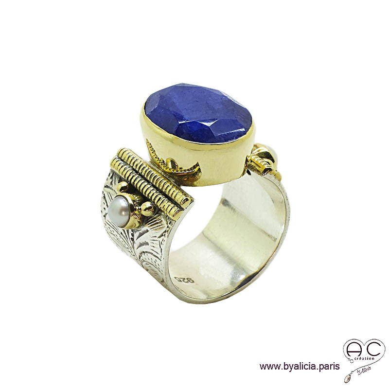 Bague avec indien bleu saphir et perles, anneau en argent massif rhodié, ciselé, sertissage en laiton doré, ethnique