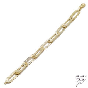 Bracelet chaîne grandes maillons rectangulaires ciselés en plaqué or 3MIC, tendance, femme