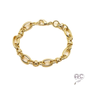 Bracelet chaîne grands maillons ovals et ronds en plaqué or 3MIC, tendance, femme