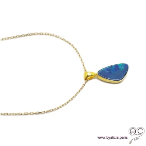 Collier, pendentif, opale bleue véritable, argent massif doré à l'or fin, collier, femme, tendance