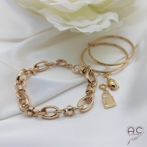  Bracelet chaîne avec grands maillons ovals et ronds en plaqué or 3MIC, tendance, femme