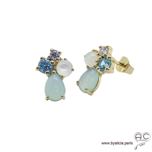 Boucles d'oreilles avec agate bleue et pierre de lune en cabochon, pierre semi-précieuse, plaqué or, femme