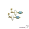 Boucles d'oreilles perles de culture baroques longues et  calcédoine bleue, plaqué or, pierre naturelle, création by Alicia