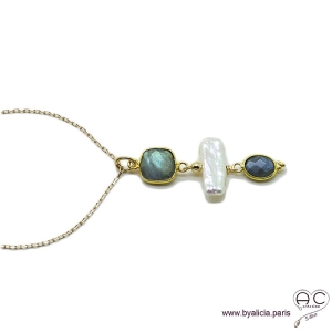 Collier, pendentif labradorite et perles de culture baroques bâton, plaqué or, pierre naturelle, création by Alicia