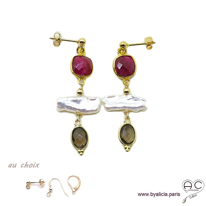 Boucles d'oreilles indien rubis, quartz fumé et perles de culture baroques bâton, plaqué or, création by Alicia