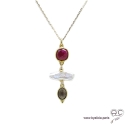 Collier, pendentif indien rubis, quartz fumé et perle de culture baroque, plaqué or, pierre naturelle, création by Alicia