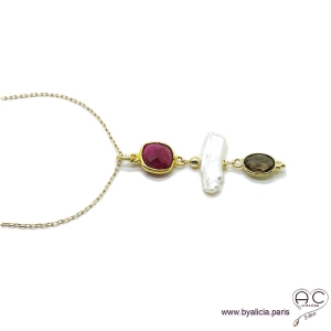 Collier, pendentif indien rubis, quartz fumé et perles de culture baroques, plaqué or, pierre naturelle, création by Alicia