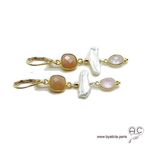Boucles d'oreilles pierre de soleil, quartz rose et perles de culture baroques bâton, plaqué or, création by Alicia