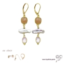 Boucles d\'oreilles pierre de soleil, quartz rose et perles de culture baroques bâton, plaqué or, création by Alicia
