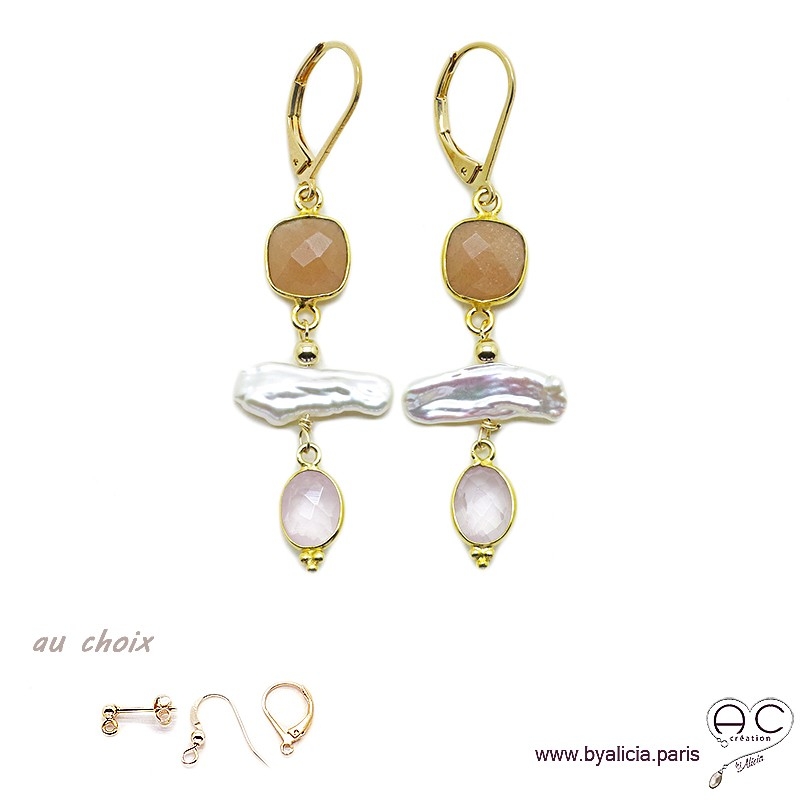 Boucles d'oreilles pierre de soleil, quartz rose et perles de culture baroques bâton, plaqué or, création by Alicia