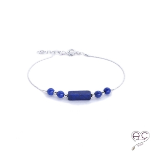 Bracelet lapis-lazuli, pierre naturelle sur une chaîne en argent 925 rhodié, création by Alicia