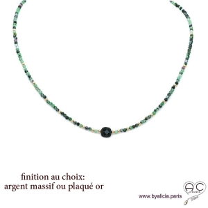 Collier LALY en rubis zoïsite et spinelle noire, pierres naturelles, ras de cou fin, tendance, fait main, création by Alicia 