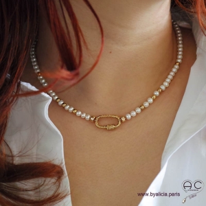 Collier en perles de culture d'eau douce avec grand fermoir ovale à vis, plaqué or 3MIC, ras de cou, création by Alicia 