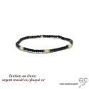 Bracelet spinelle noir et perles de culture blanches en plaqué or ou argent massif, élastique, création by Alicia