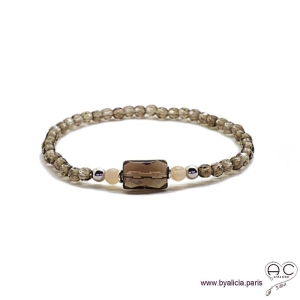 Bracelet quartz fumé, argent massif, pierre naturelle marron, femme, gipsy, bohème, création by Alicia  
