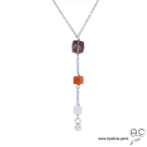 Collier cravate quartz fumé, pierre de lune abricot et blanche, argent massif, pierre naturelle, long, création by Alicia