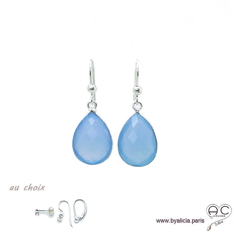 Boucles d'oreilles gouttes en calcédoine bleue, pierre fine et argent massif 925, pendantes, création by Alicia