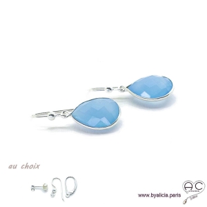 Boucles d'oreilles gouttes en calcédoine bleue, pierre fine et argent massif 925, pendantes, création by Alicia