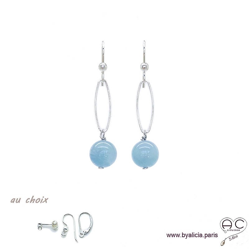 Boucles d'oreilles avec aigue marine et argent massif, pierre naturelle bleue, pendantes, création by Alicia