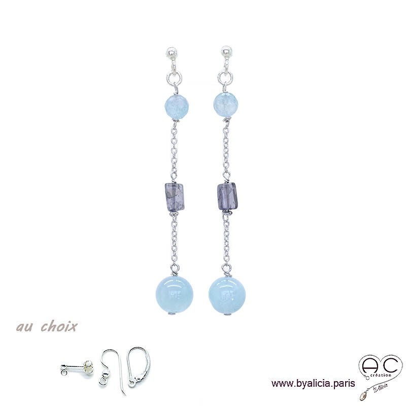 Boucles d'oreilles aigue marine et saphir d'eau en argent massif, pierre naturelle bleue, longues, pendantes, création by Alicia